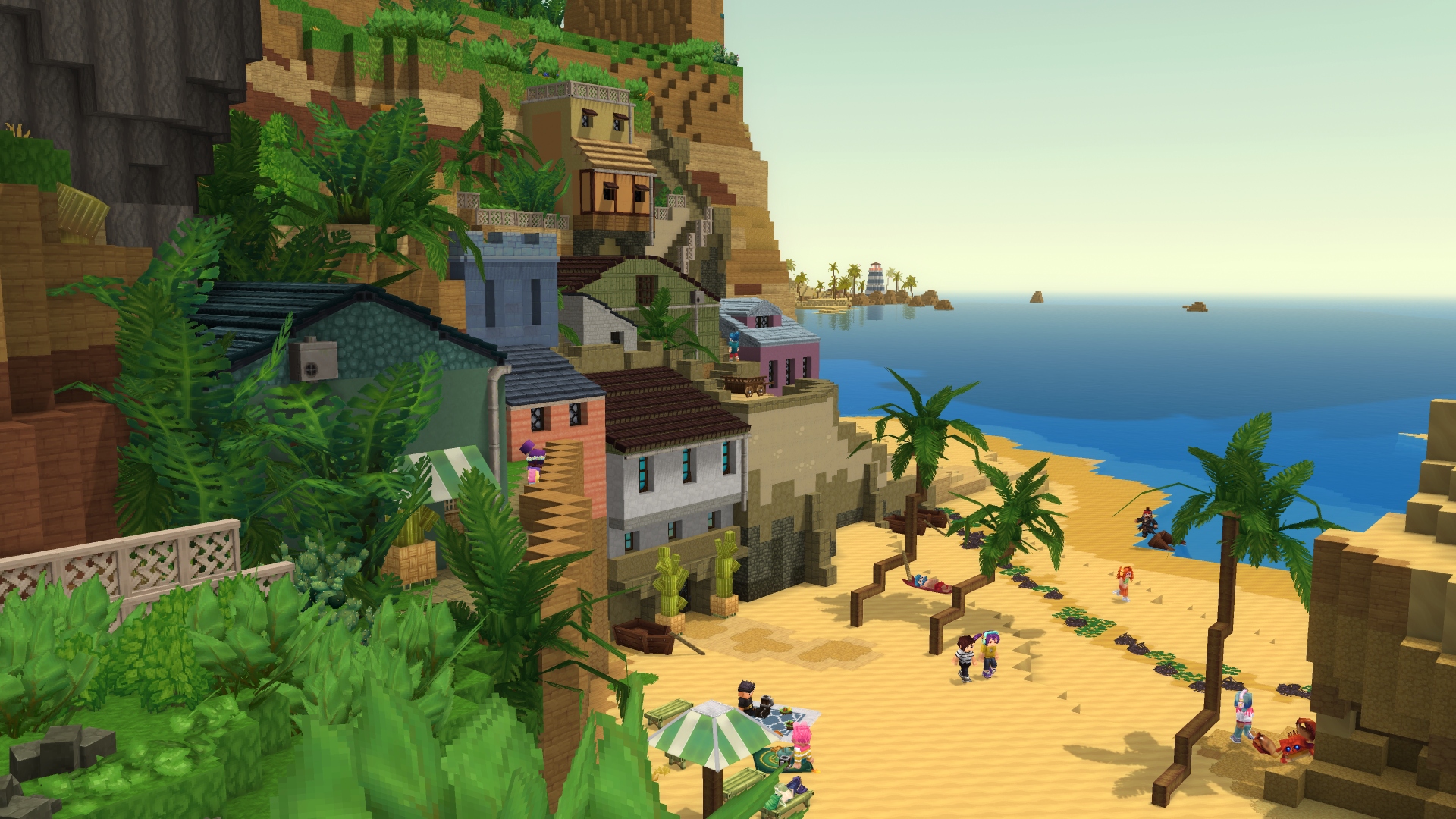 Plage, végétation et maisons sur Hytale