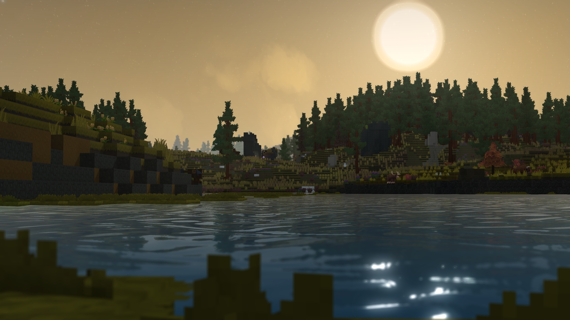Lac, végétation et lever de soleil Hytale